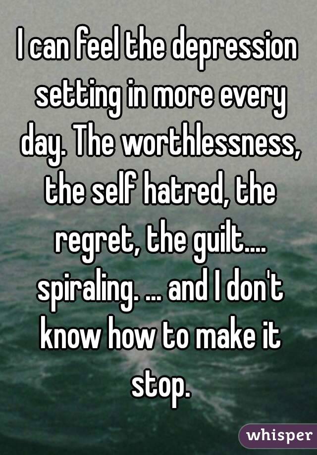 I can feel the depression setting in more every day. The worthlessness, the self hatred, the regret, the guilt.... spiraling. ... and I don't know how to make it stop.