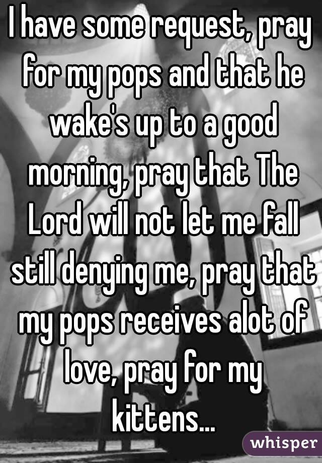 I have some request, pray for my pops and that he wake's up to a good morning, pray that The Lord will not let me fall still denying me, pray that my pops receives alot of love, pray for my kittens...