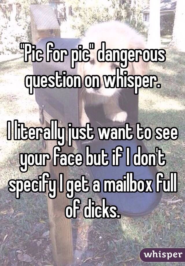 "Pic for pic" dangerous question on whisper. 

I literally just want to see your face but if I don't specify I get a mailbox full of dicks. 