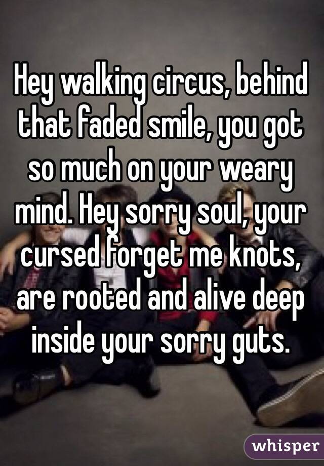 Hey walking circus, behind that faded smile, you got so much on your weary mind. Hey sorry soul, your cursed forget me knots, are rooted and alive deep inside your sorry guts. 