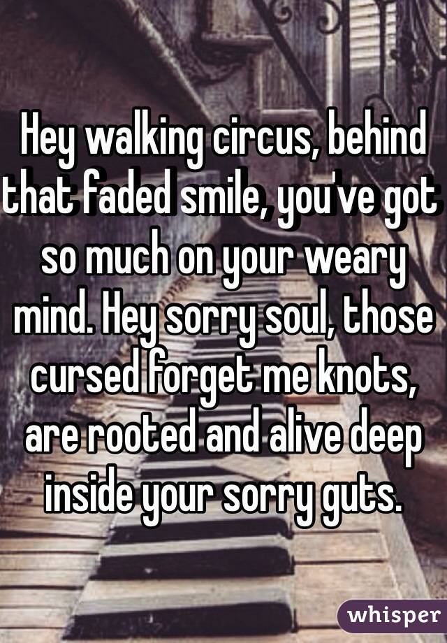 Hey walking circus, behind that faded smile, you've got so much on your weary mind. Hey sorry soul, those cursed forget me knots, are rooted and alive deep inside your sorry guts. 