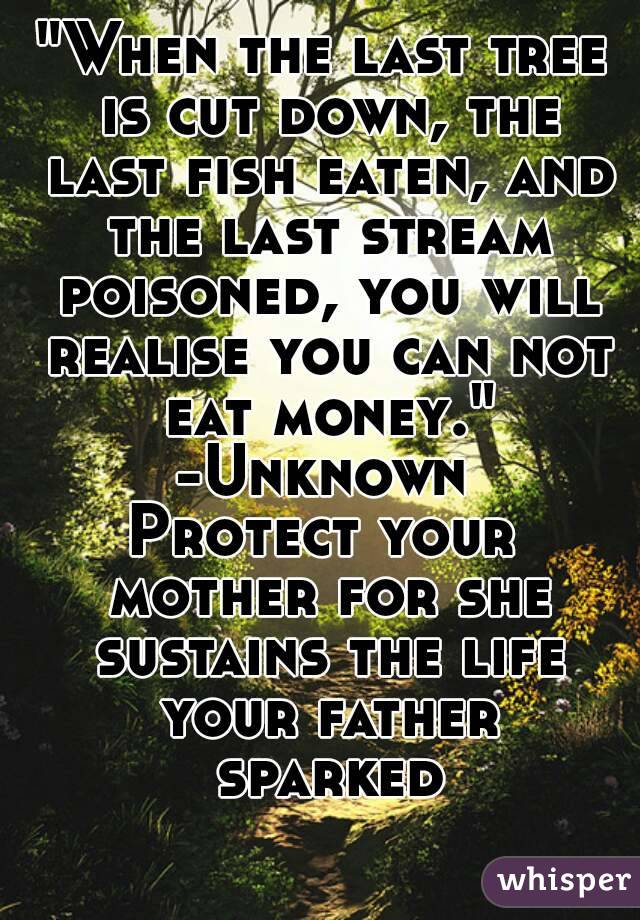 "When the last tree is cut down, the last fish eaten, and the last stream poisoned, you will realise you can not eat money."
-Unknown
Protect your mother for she sustains the life your father sparked