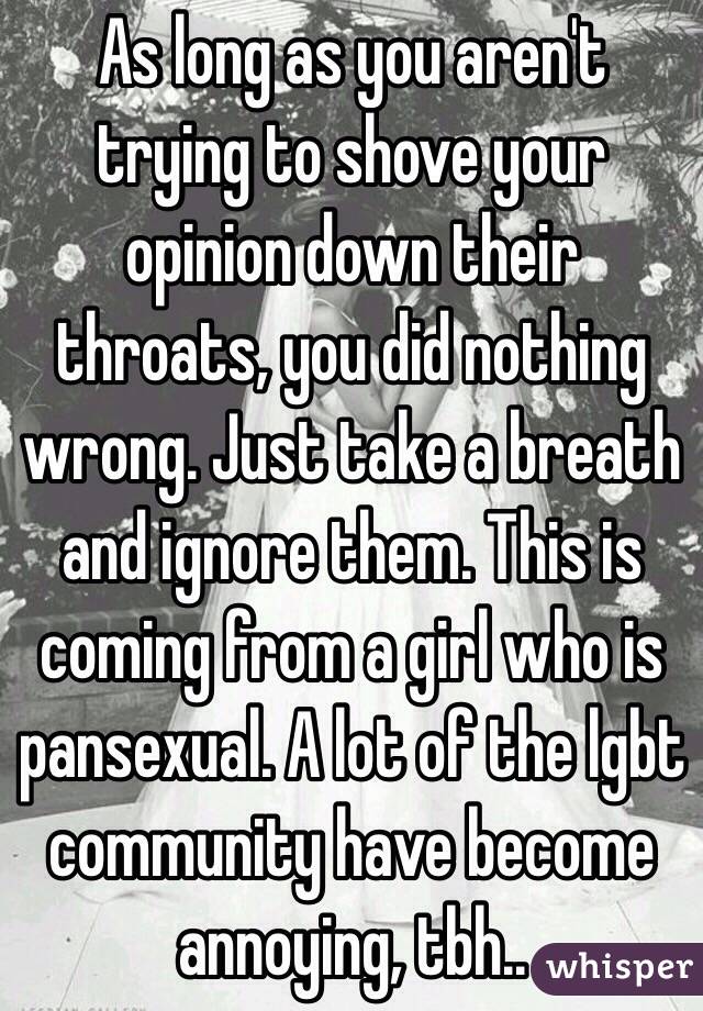 As long as you aren't trying to shove your opinion down their throats, you did nothing wrong. Just take a breath and ignore them. This is coming from a girl who is pansexual. A lot of the lgbt community have become annoying, tbh.. 