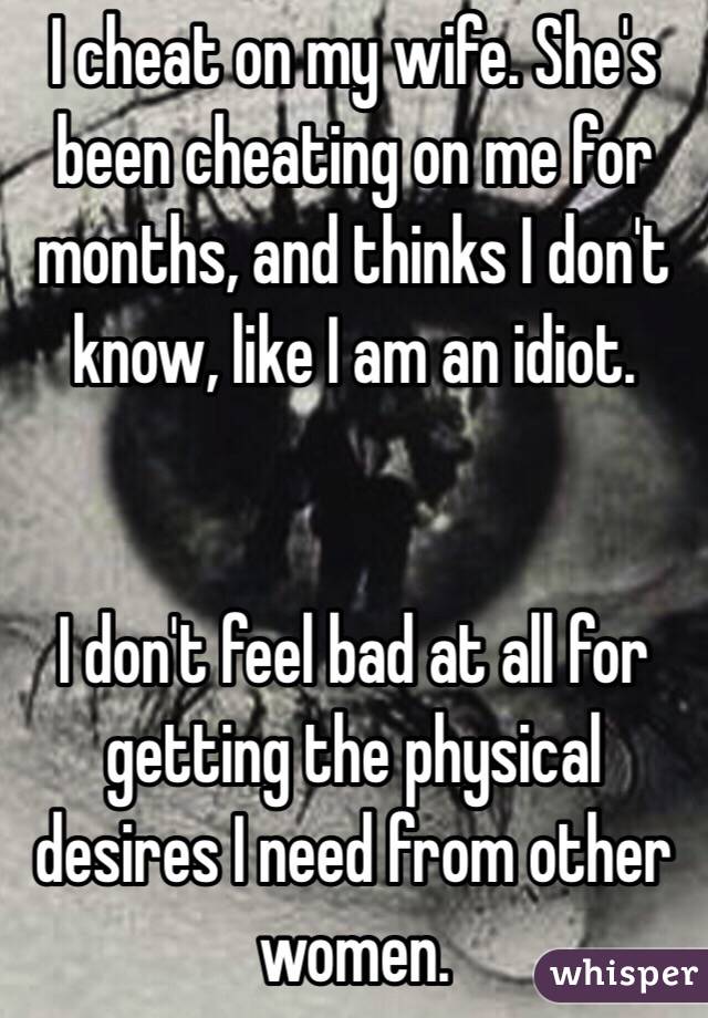 I cheat on my wife. She's been cheating on me for months, and thinks I don't know, like I am an idiot.


I don't feel bad at all for getting the physical desires I need from other women.