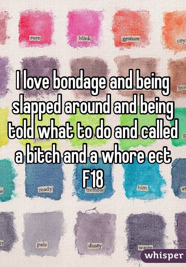 I love bondage and being slapped around and being told what to do and called a bitch and a whore ect F18