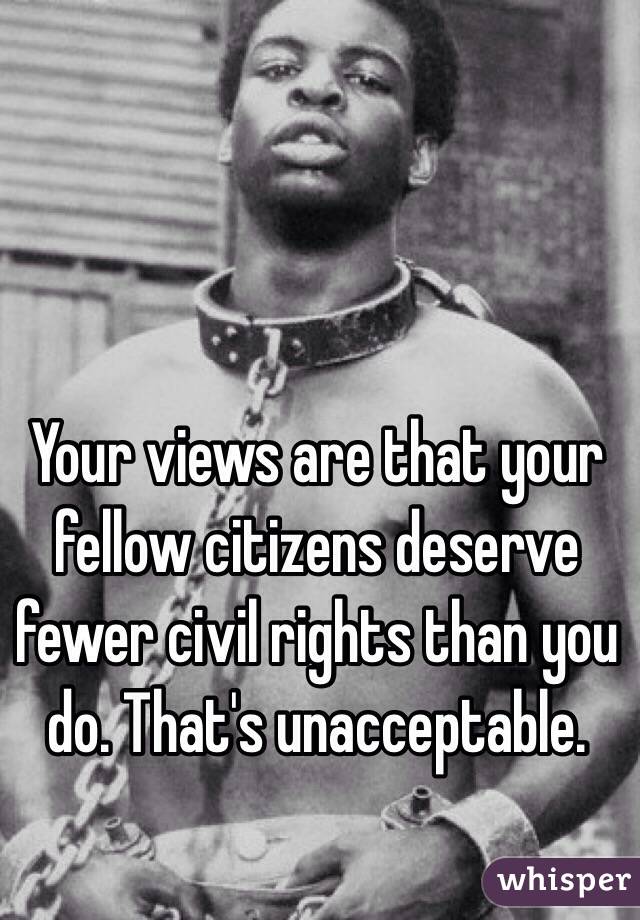 Your views are that your fellow citizens deserve fewer civil rights than you do. That's unacceptable. 