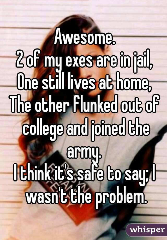 Awesome.
2 of my exes are in jail,
One still lives at home,
The other flunked out of college and joined the army. 
I think it's safe to say; I wasn't the problem.