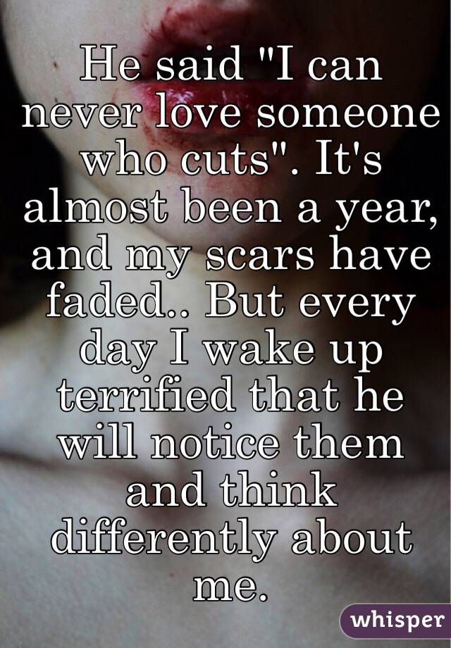 He said "I can never love someone who cuts". It's almost been a year, and my scars have faded.. But every day I wake up terrified that he will notice them and think differently about me.