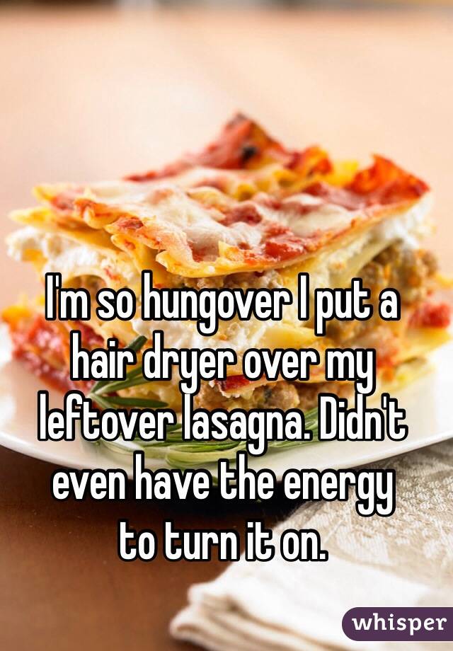 I'm so hungover I put a 
hair dryer over my leftover lasagna. Didn't even have the energy 
to turn it on.