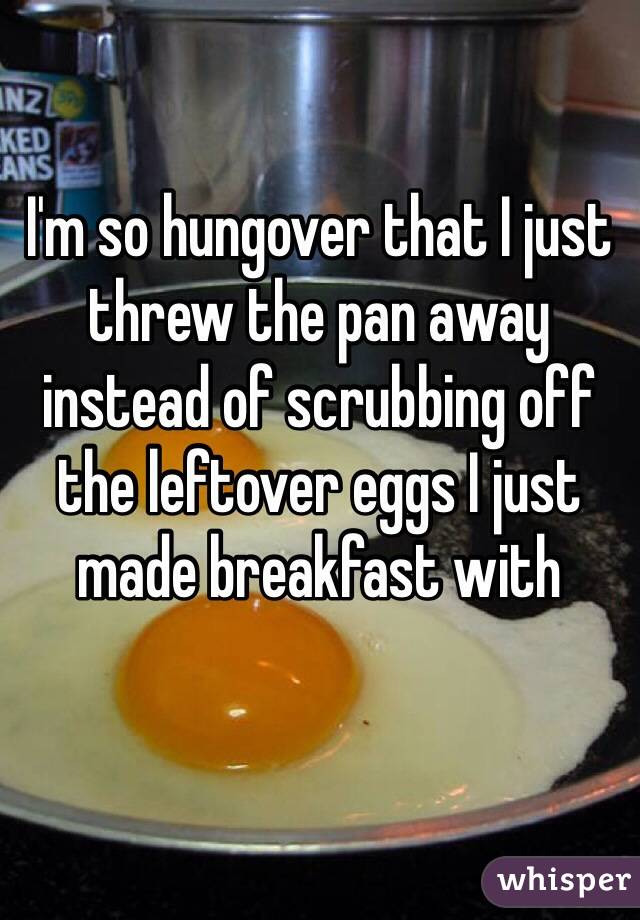 I'm so hungover that I just threw the pan away instead of scrubbing off the leftover eggs I just made breakfast with