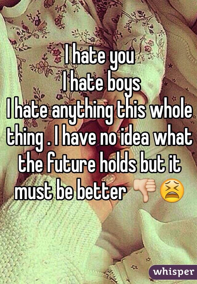 I hate you
 I hate boys
I hate anything this whole thing . I have no idea what the future holds but it must be better 👎😫