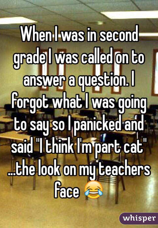 When I was in second grade I was called on to answer a question. I forgot what I was going to say so I panicked and said "I think I'm part cat"
...the look on my teachers face 😂