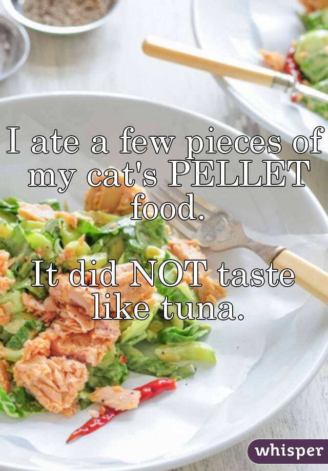I ate a few pieces of my cat's PELLET food.

It did NOT taste like tuna.