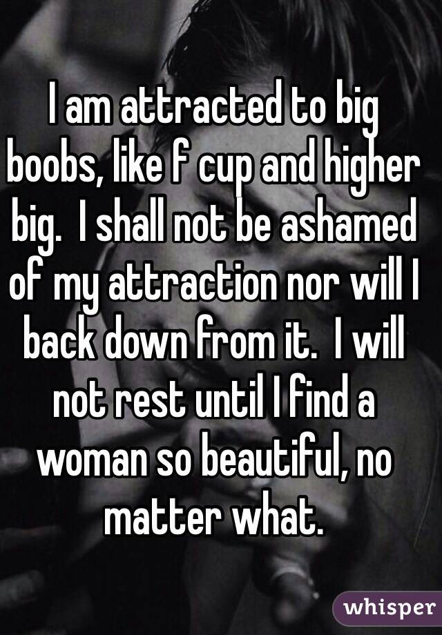 I am attracted to big boobs, like f cup and higher big.  I shall not be ashamed of my attraction nor will I back down from it.  I will not rest until I find a woman so beautiful, no matter what.