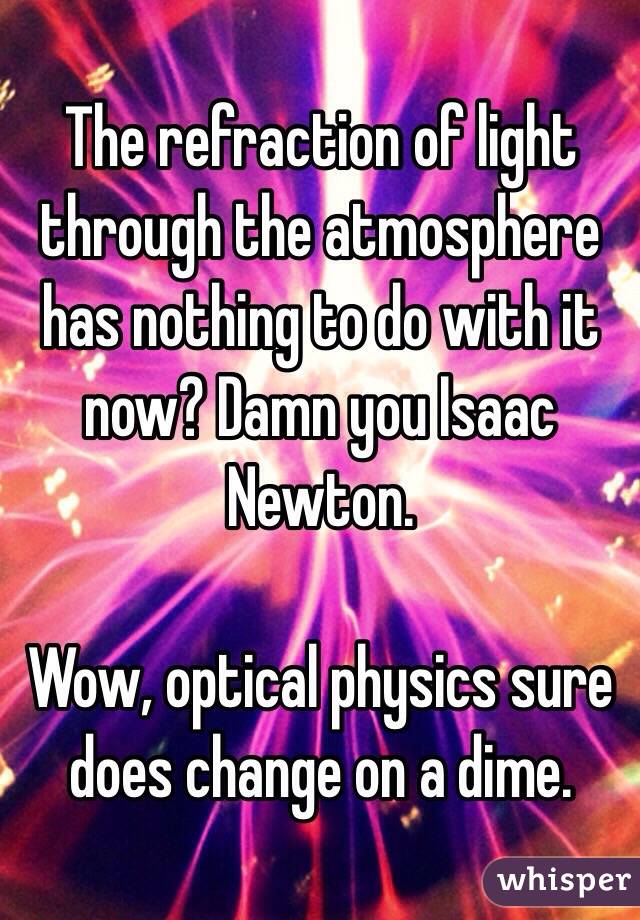 The refraction of light through the atmosphere has nothing to do with it now? Damn you Isaac Newton. 

Wow, optical physics sure does change on a dime. 