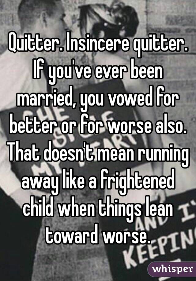 Quitter. Insincere quitter. If you've ever been married, you vowed for better or for worse also. That doesn't mean running away like a frightened child when things lean toward worse.