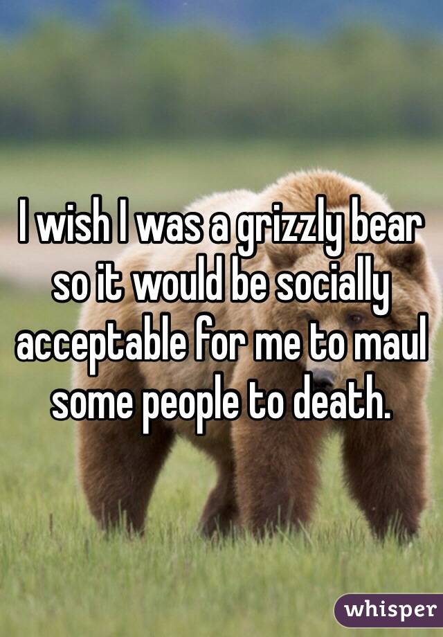 I wish I was a grizzly bear so it would be socially acceptable for me to maul some people to death. 