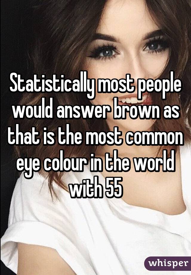 Statistically most people would answer brown as that is the most common eye colour in the world with 55% 