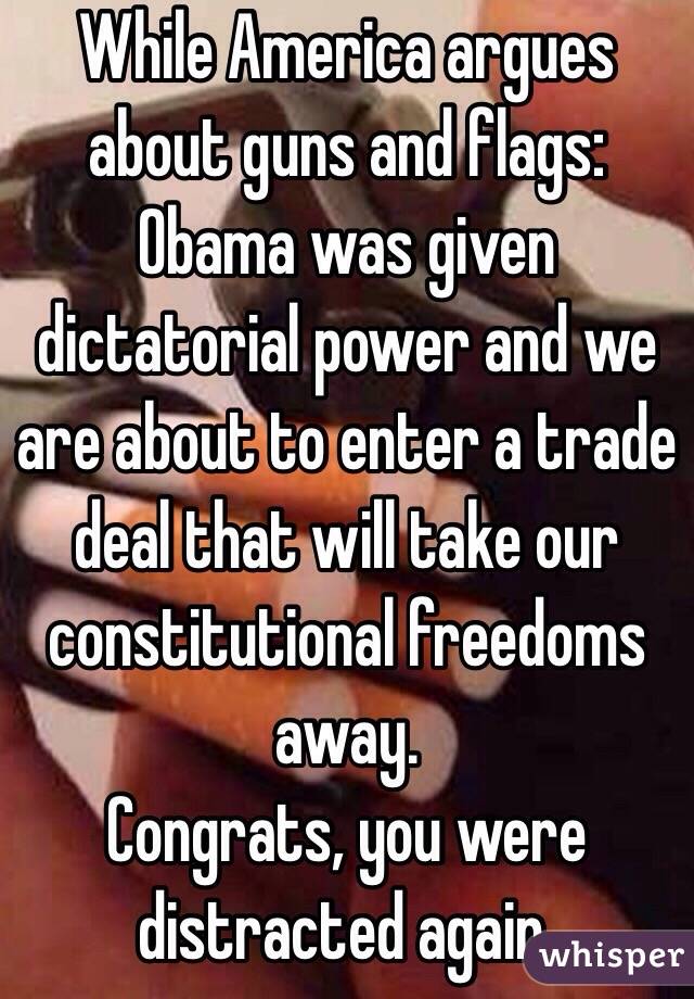 While America argues about guns and flags: Obama was given dictatorial power and we are about to enter a trade deal that will take our constitutional freedoms away. 
Congrats, you were distracted again. 