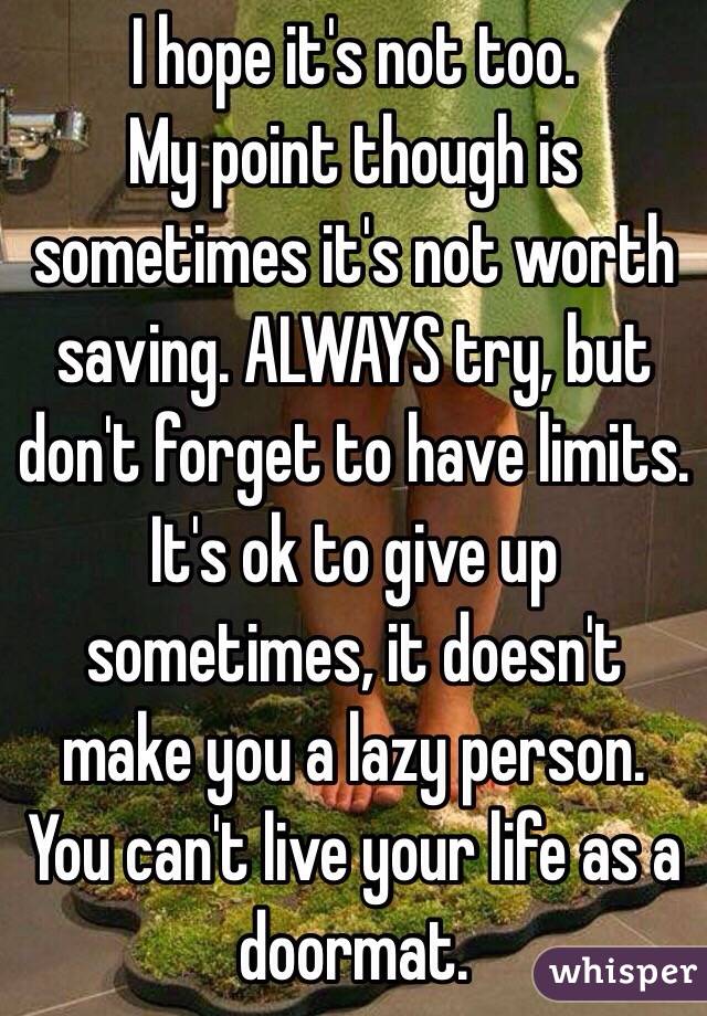 I hope it's not too.
My point though is sometimes it's not worth saving. ALWAYS try, but don't forget to have limits. It's ok to give up sometimes, it doesn't make you a lazy person. You can't live your life as a doormat. 