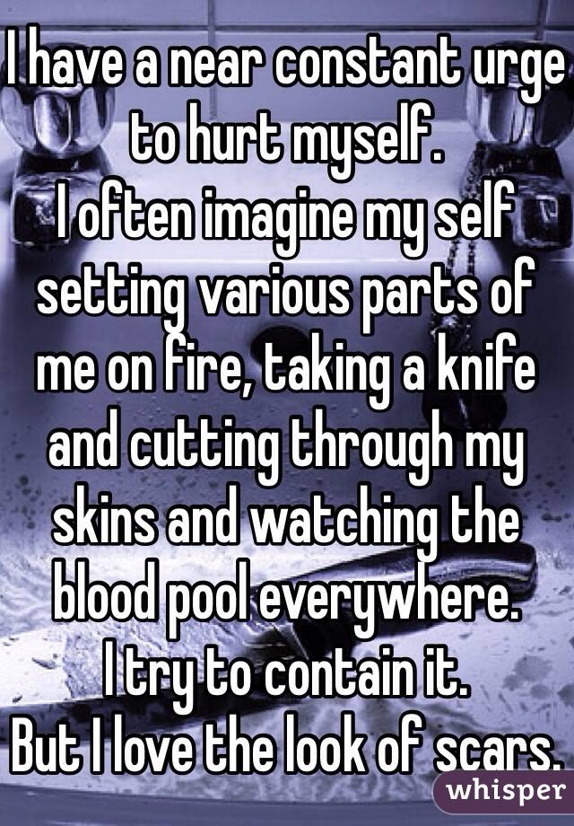 I have a near constant urge to hurt myself. 
I often imagine my self setting various parts of me on fire, taking a knife and cutting through my skins and watching the blood pool everywhere. 
I try to contain it.
But I love the look of scars. 