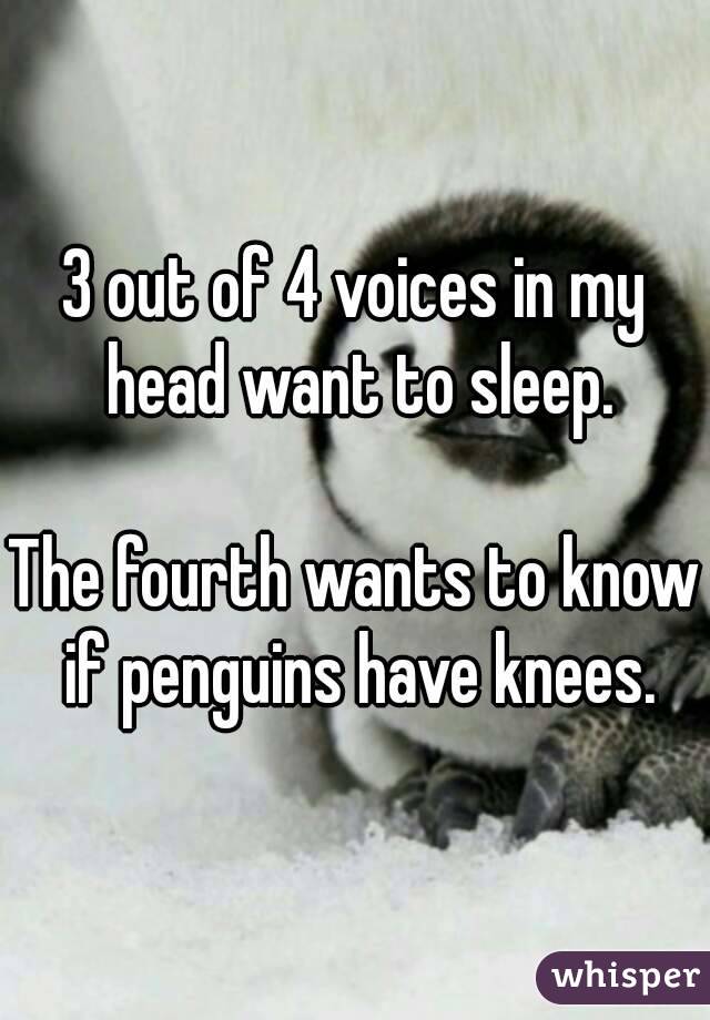 3 out of 4 voices in my head want to sleep.

The fourth wants to know if penguins have knees.