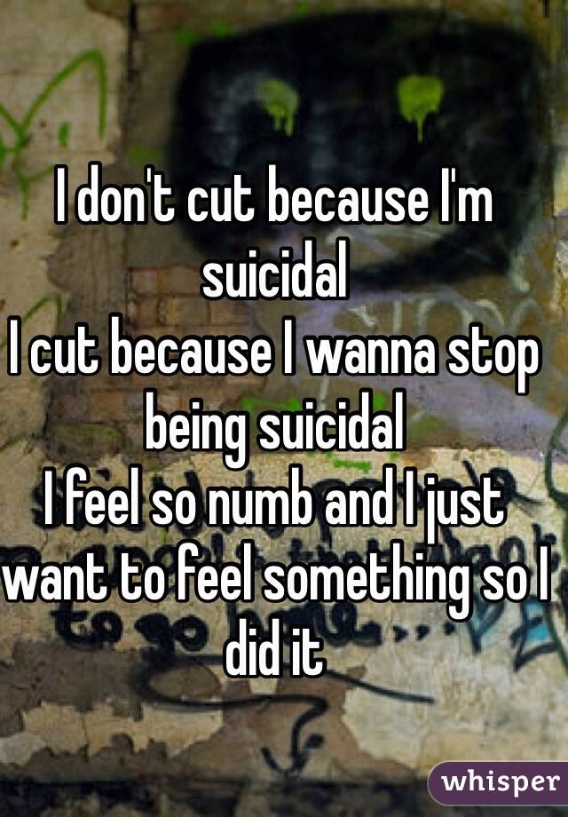 I don't cut because I'm suicidal
I cut because I wanna stop being suicidal
I feel so numb and I just want to feel something so I did it