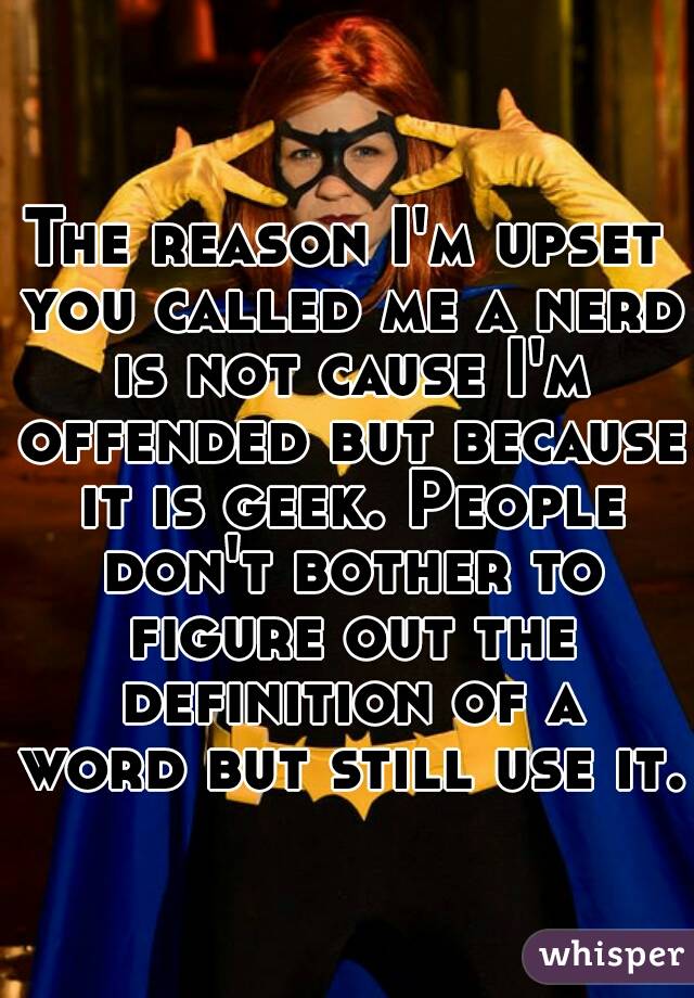 The reason I'm upset you called me a nerd is not cause I'm offended but because it is geek. People don't bother to figure out the definition of a word but still use it.