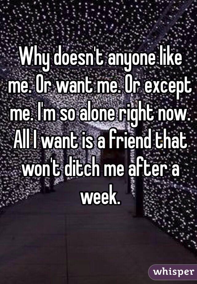 Why doesn't anyone like me. Or want me. Or except me. I'm so alone right now. All I want is a friend that won't ditch me after a week. 