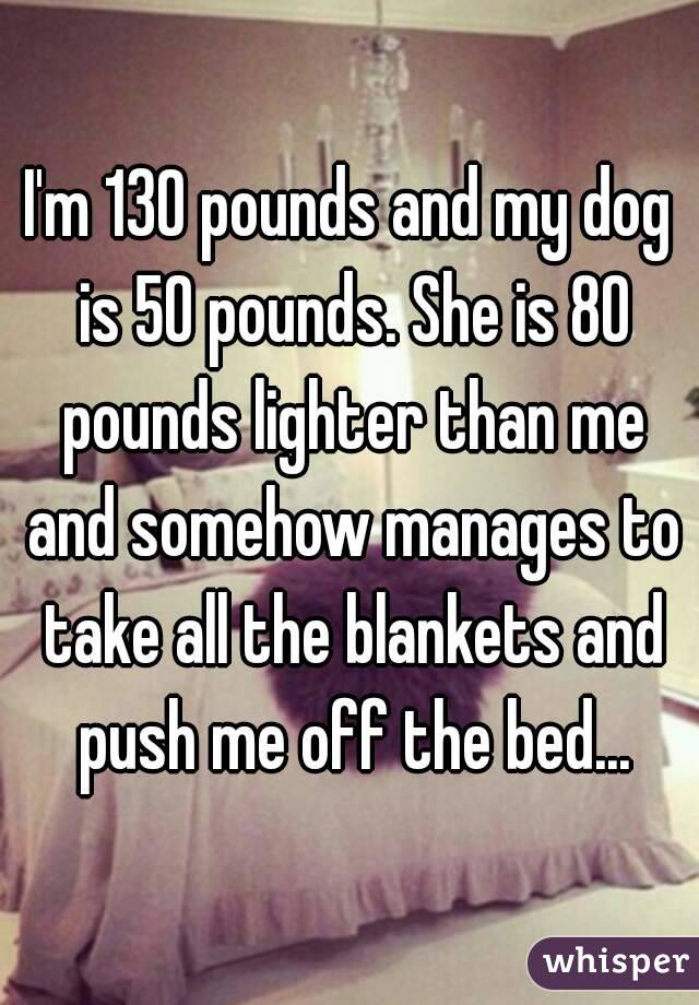 I'm 130 pounds and my dog is 50 pounds. She is 80 pounds lighter than me and somehow manages to take all the blankets and push me off the bed...