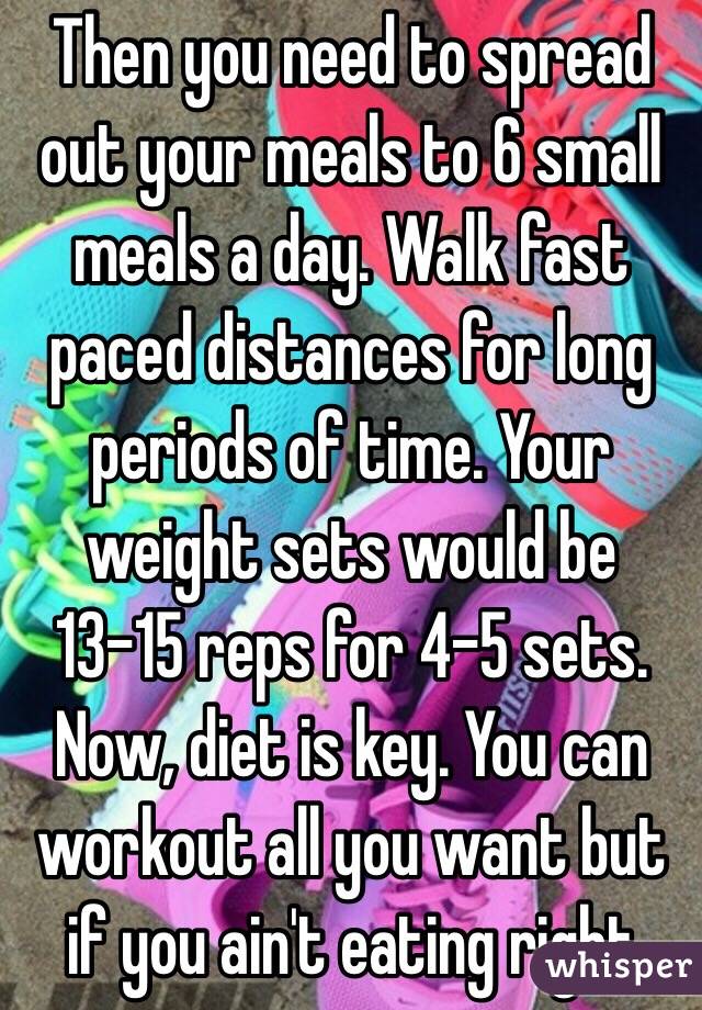 Then you need to spread out your meals to 6 small meals a day. Walk fast paced distances for long periods of time. Your weight sets would be 13-15 reps for 4-5 sets. Now, diet is key. You can workout all you want but if you ain't eating right