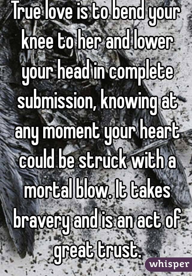 True love is to bend your knee to her and lower your head in complete submission, knowing at any moment your heart could be struck with a mortal blow. It takes bravery and is an act of great trust.