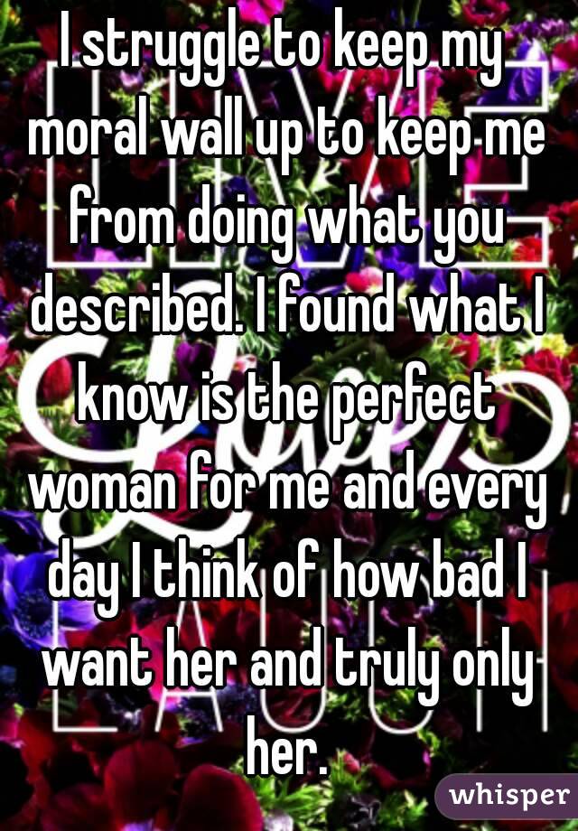 I struggle to keep my moral wall up to keep me from doing what you described. I found what I know is the perfect woman for me and every day I think of how bad I want her and truly only her.