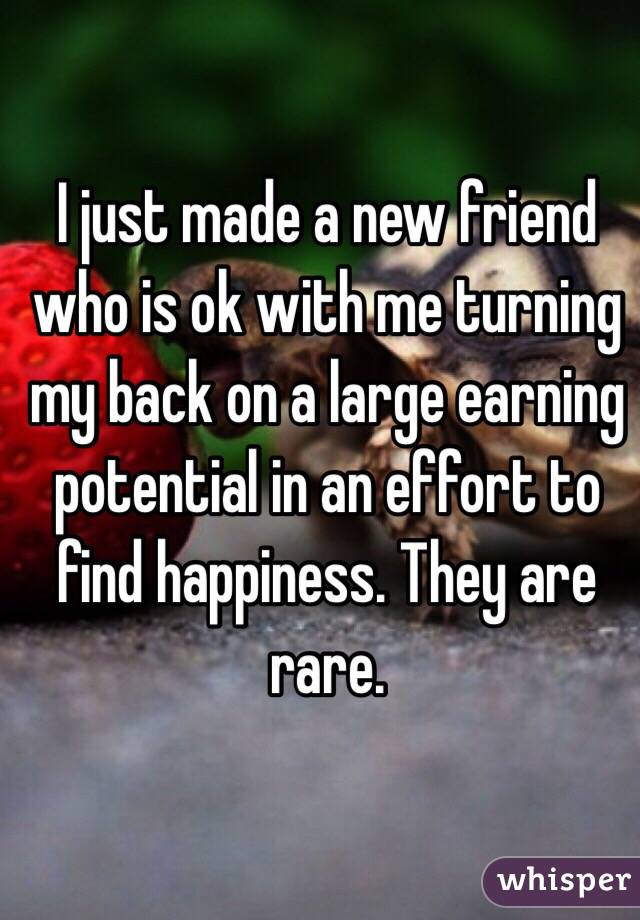 I just made a new friend who is ok with me turning my back on a large earning potential in an effort to find happiness. They are rare.