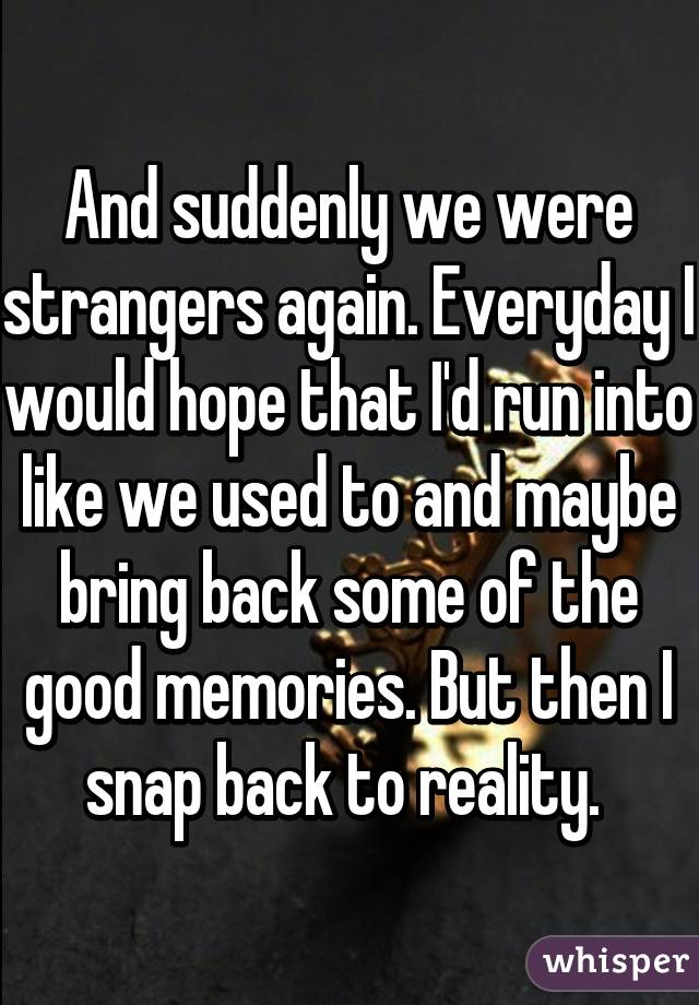 And suddenly we were strangers again. Everyday I would hope that I'd run into like we used to and maybe bring back some of the good memories. But then I snap back to reality. 