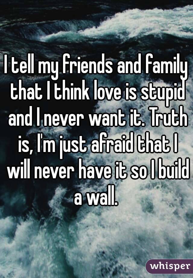 I tell my friends and family that I think love is stupid and I never want it. Truth is, I'm just afraid that I will never have it so I build a wall. 