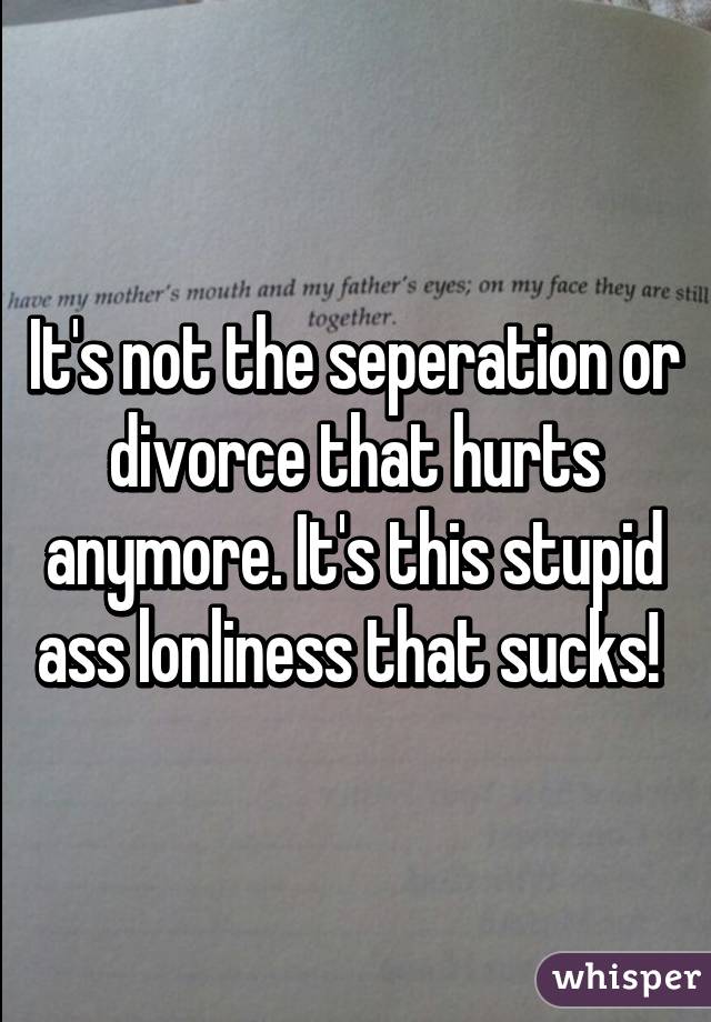 It's not the seperation or divorce that hurts anymore. It's this stupid ass lonliness that sucks! 