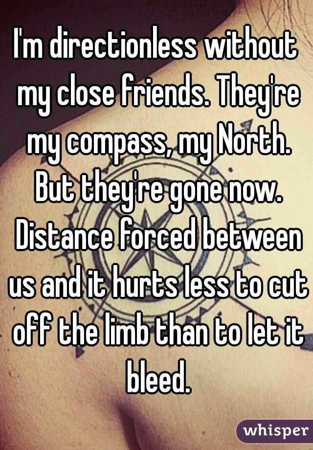 I'm directionless without my close friends. They're my compass, my North. But they're gone now. Distance forced between us and it hurts less to cut off the limb than to let it bleed.