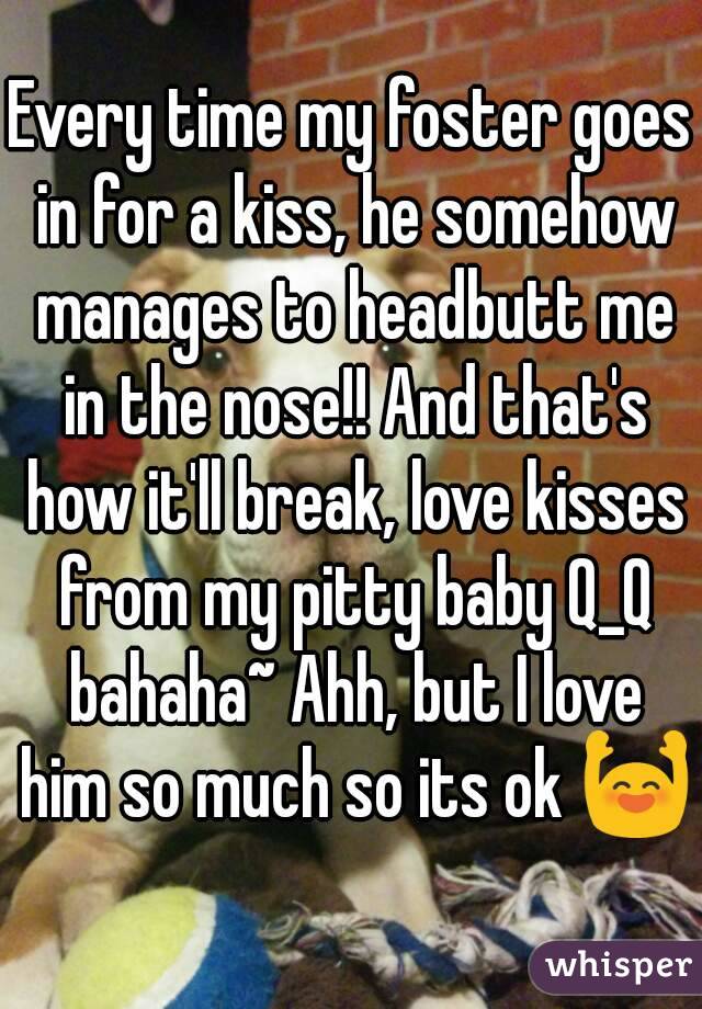 Every time my foster goes in for a kiss, he somehow manages to headbutt me in the nose!! And that's how it'll break, love kisses from my pitty baby Q_Q bahaha~ Ahh, but I love him so much so its ok 🙌