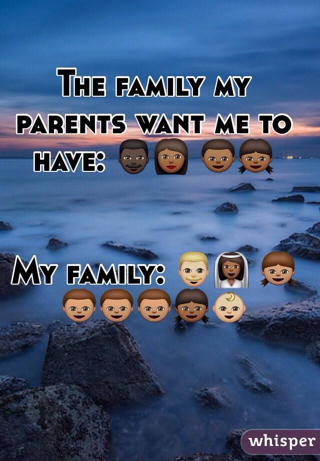 The family my parents want me to have: 👨🏿👩🏾 👦🏾👧🏾


My family: 👨🏼👰🏾 👧🏽👦🏽👦🏽👦🏽👧🏾👶🏼