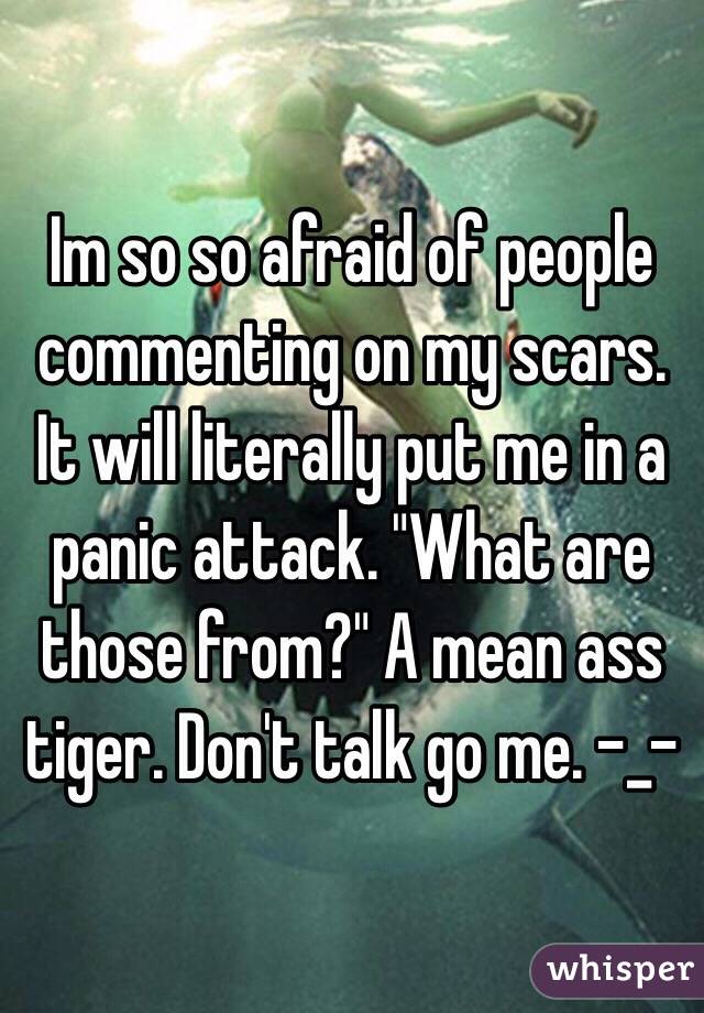 Im so so afraid of people commenting on my scars. It will literally put me in a panic attack. "What are those from?" A mean ass tiger. Don't talk go me. -_- 