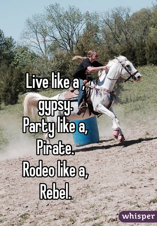 Live like a ,
gypsy.
Party like a,
Pirate.
Rodeo like a,
Rebel.