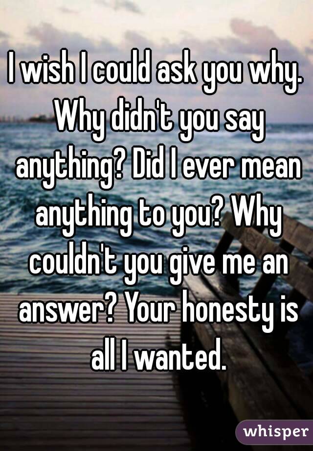 I wish I could ask you why. Why didn't you say anything? Did I ever mean anything to you? Why couldn't you give me an answer? Your honesty is all I wanted.