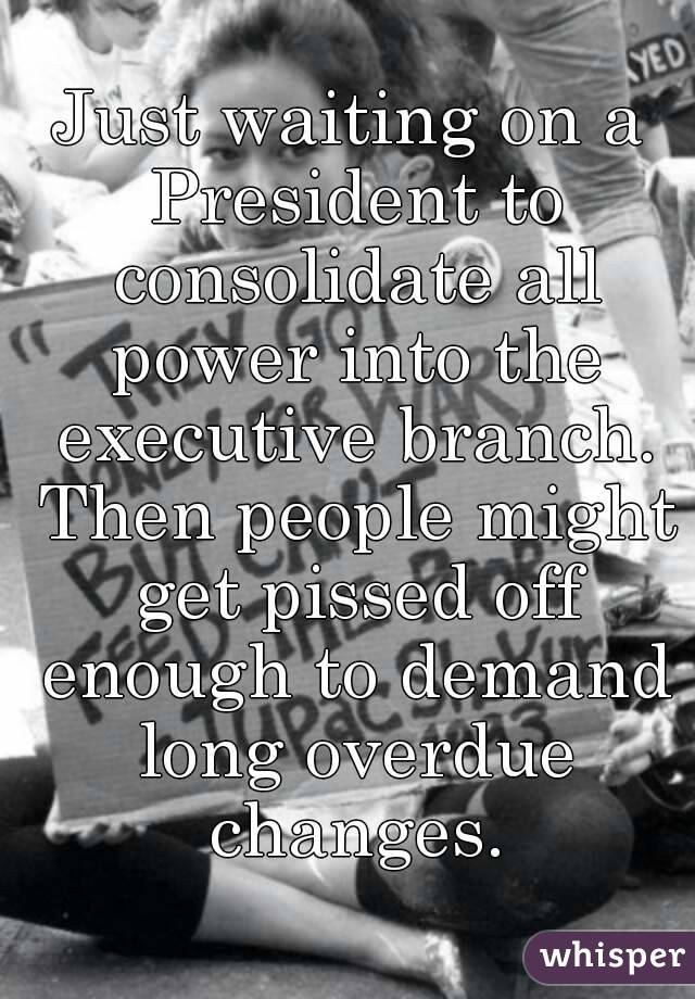 Just waiting on a President to consolidate all power into the executive branch. Then people might get pissed off enough to demand long overdue changes.