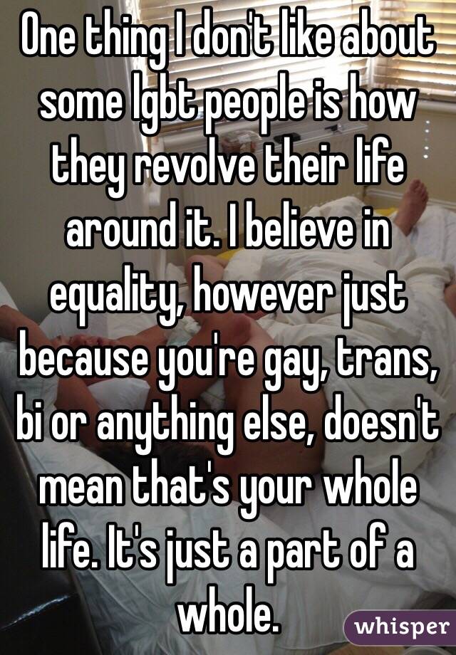 One thing I don't like about some lgbt people is how they revolve their life around it. I believe in equality, however just because you're gay, trans, bi or anything else, doesn't mean that's your whole life. It's just a part of a whole.