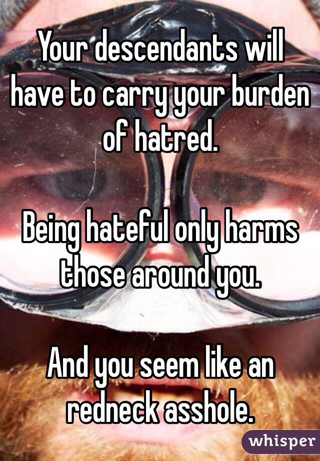 Your descendants will have to carry your burden of hatred.

Being hateful only harms those around you.

And you seem like an redneck asshole.