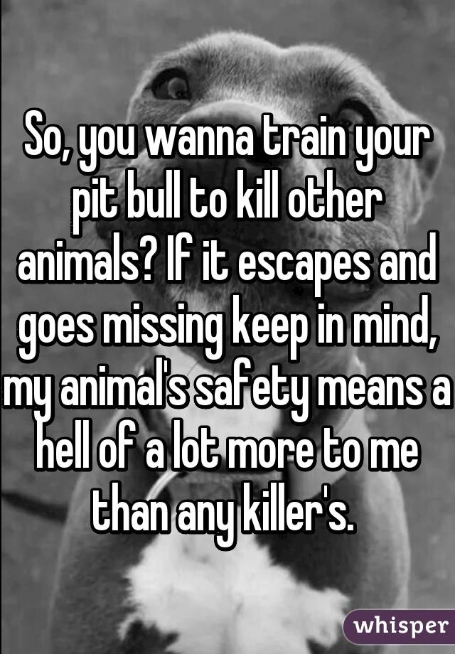 So, you wanna train your pit bull to kill other animals? If it escapes and goes missing keep in mind, my animal's safety means a hell of a lot more to me than any killer's. 