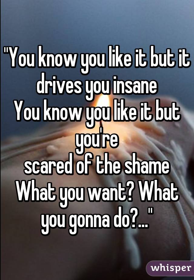 "You know you like it but it drives you insane
You know you like it but you're
scared of the shame
What you want? What you gonna do?..."