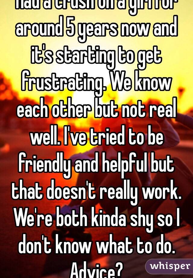 Had a crush on a girl for around 5 years now and it's starting to get frustrating. We know each other but not real well. I've tried to be friendly and helpful but that doesn't really work. We're both kinda shy so I don't know what to do. Advice?