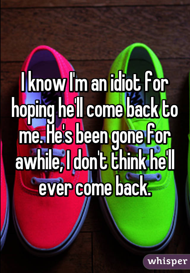 I know I'm an idiot for hoping he'll come back to me. He's been gone for awhile, I don't think he'll ever come back.